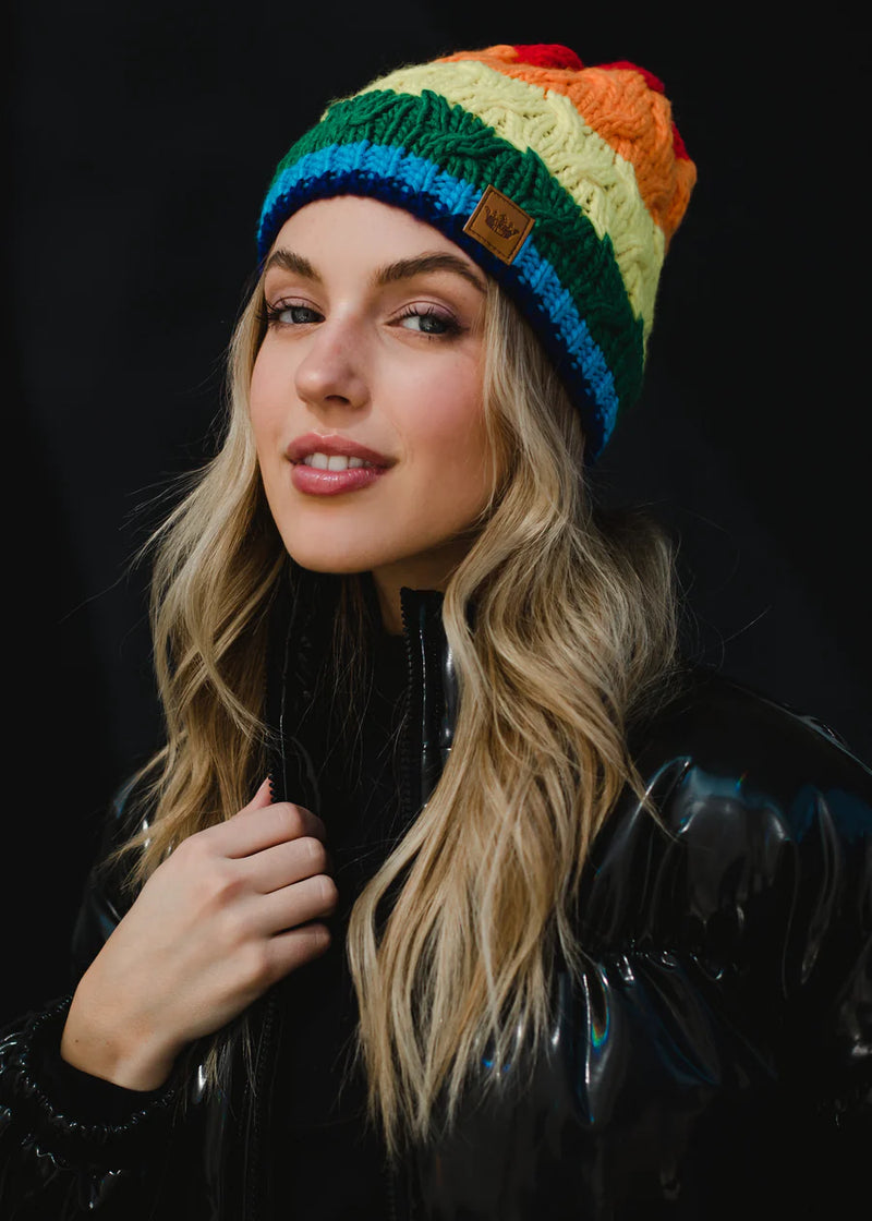 Classic Rainbow Stripe Cable Knit Fleece Lined Beanie