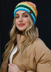 Rainbow w/ Pink Stripe Cable Knit Fleece Lined Beanie