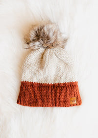 Beige & Rust Color Block Chunky Knit Fleece Lined Hat