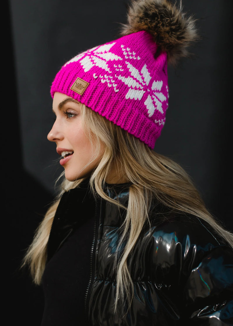 Hot Pink Snowflake Fleece Lined Hat