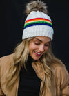 White Classic Rainbow Stripe Knit Fleece Lined Hat w/ Pom