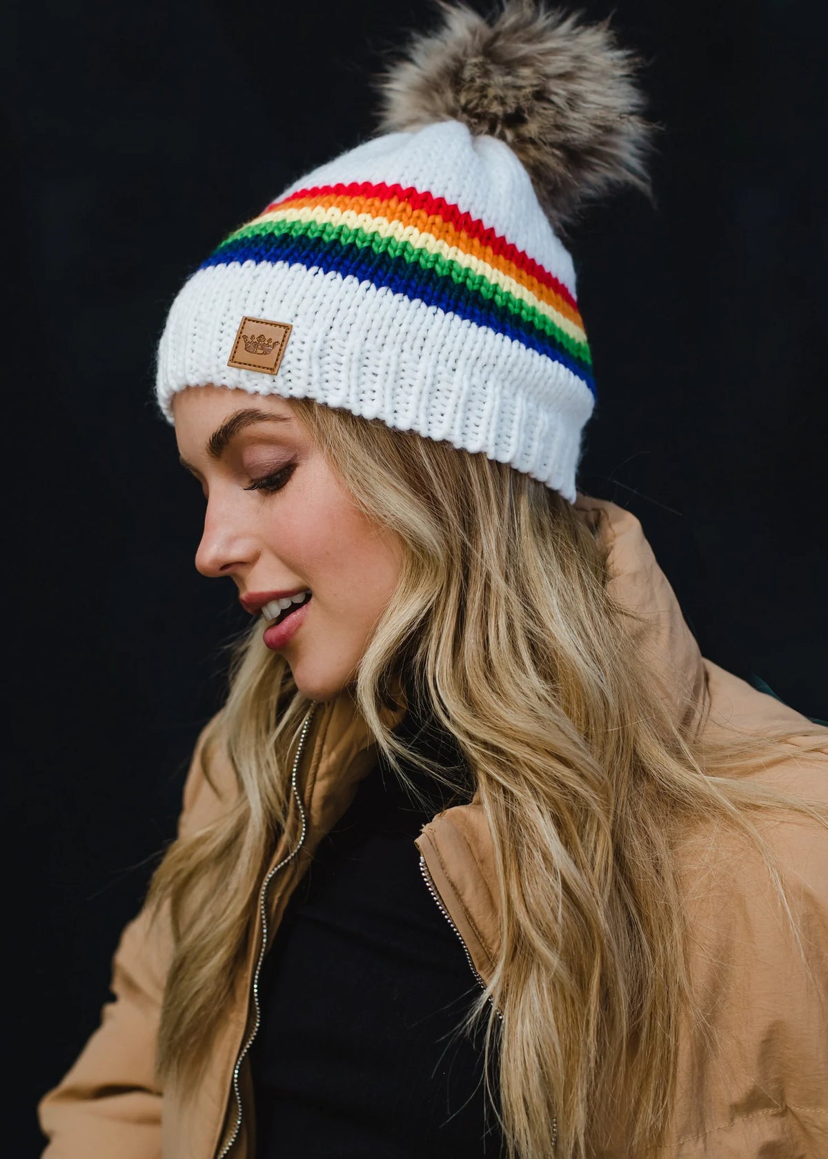 White Classic Rainbow Stripe Knit Fleece Lined Hat w/ Pom