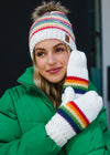 Classic Rainbow Stripe w/ White Knit Fleece Lined Hat w/ Pom
