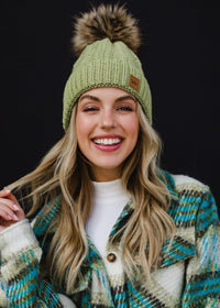 Light Green Cable Knit Fleece Lined Hat