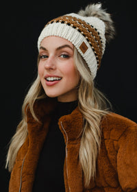 Apple Pie Cream & Camel Patterned Knit Fleece Lined Hat