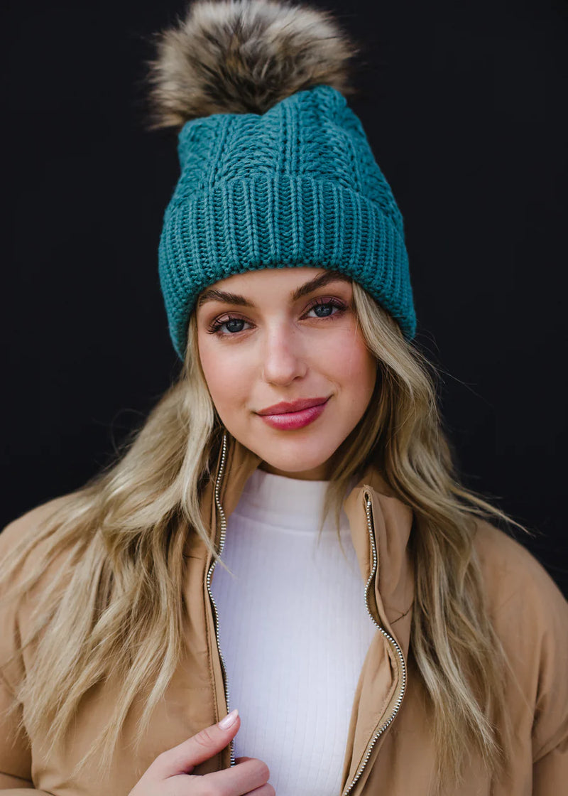 Teal Blue Cable Knit Fleece Lined Hat