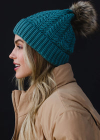 Teal Blue Cable Knit Fleece Lined Hat