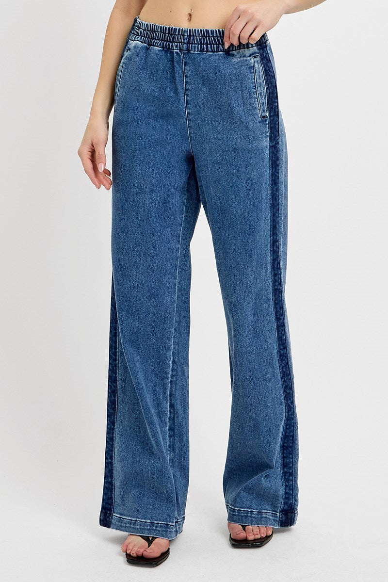 RISEN High Rise Elastic Waist Wide Leg Jeans RDP5893 