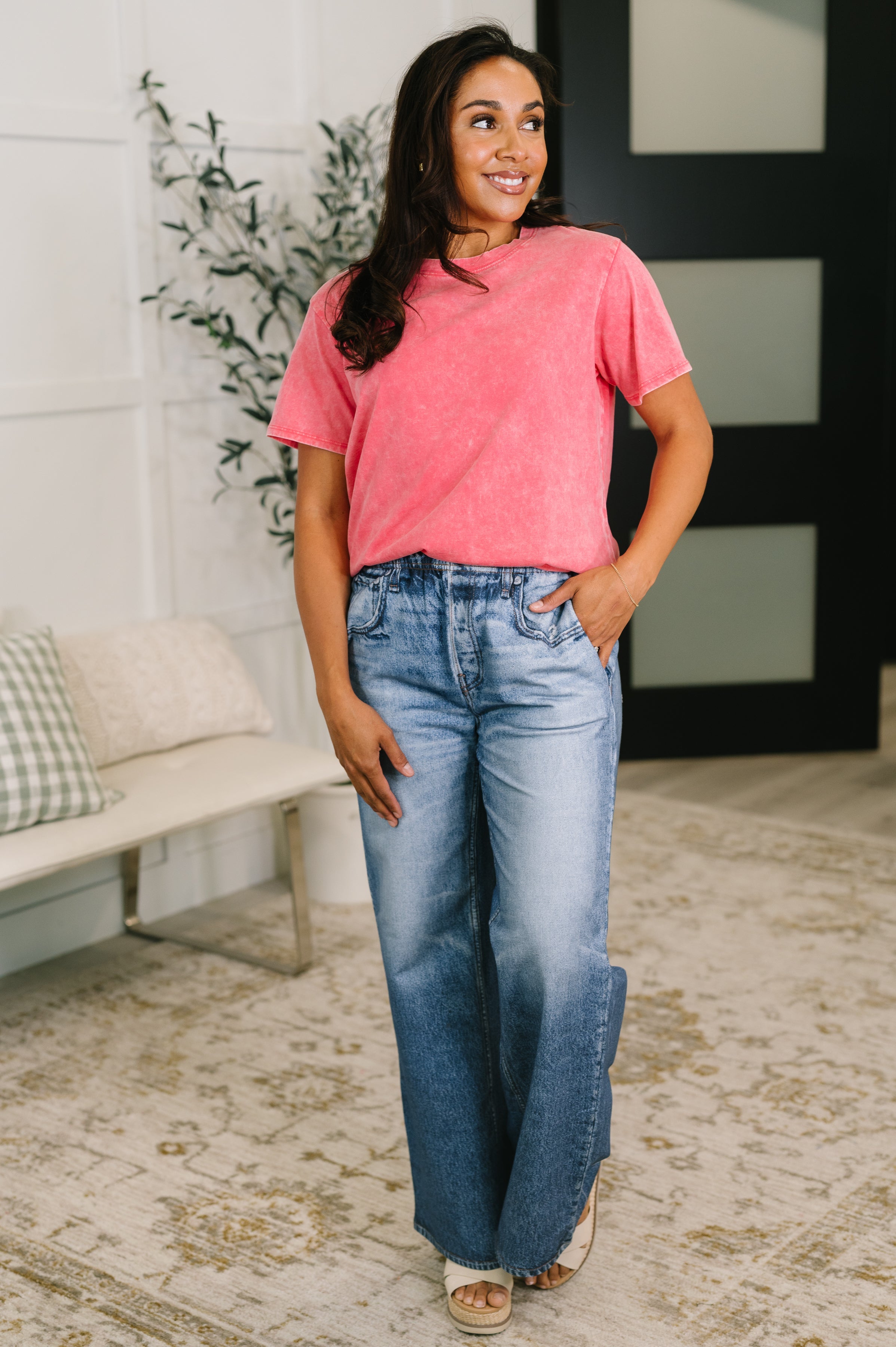Zenana Mineral Wash Tee in Fuchsia