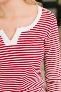 Striped Long Sleeve Split Neck Top in Red