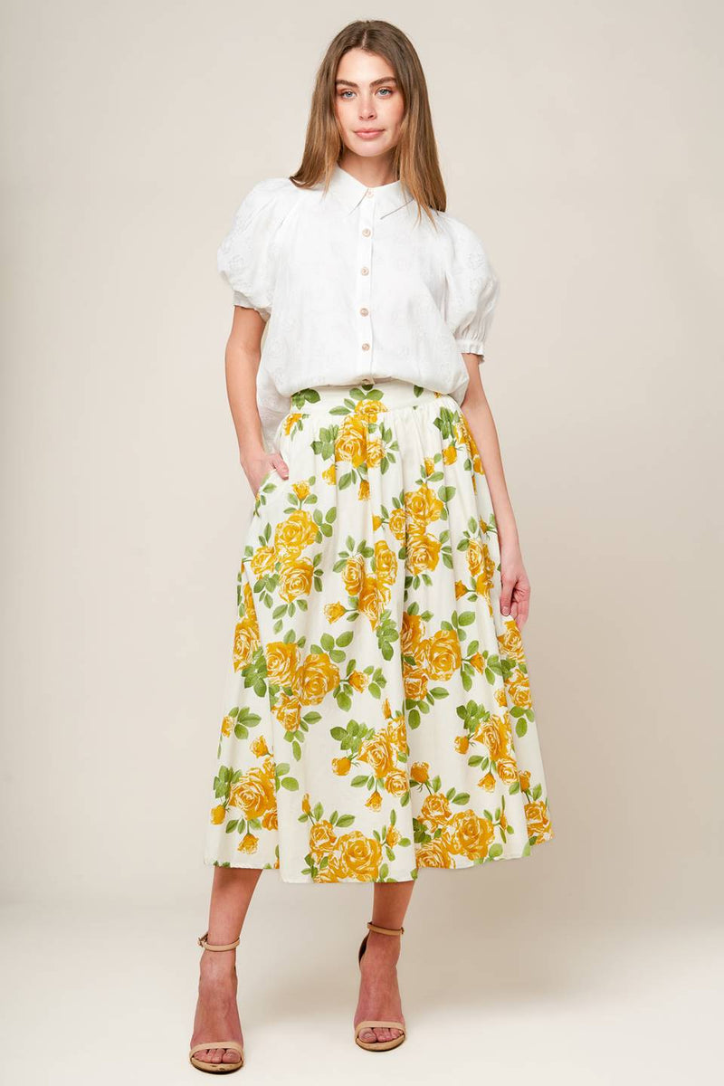 Flying Tomato Every Sunday Floral Woven Midi Skirt 