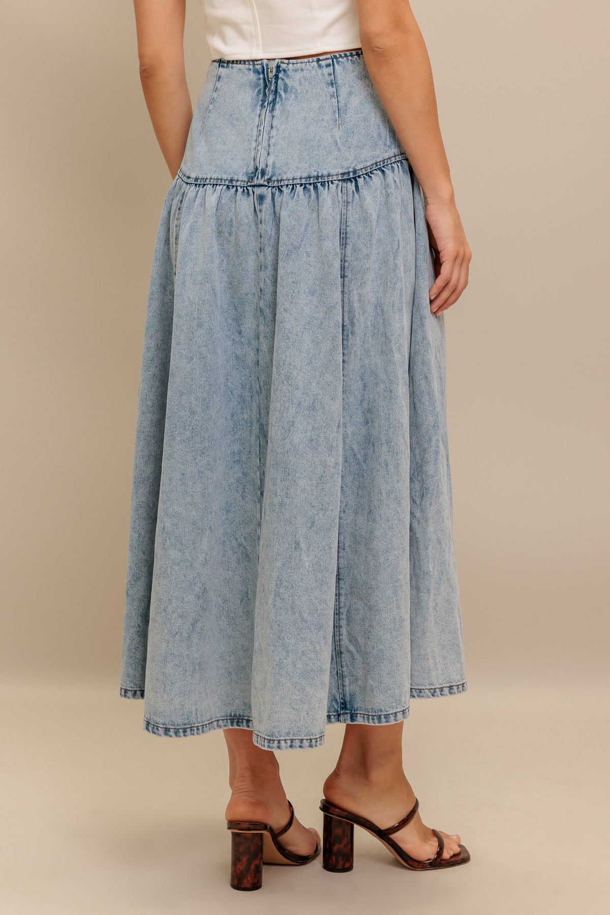 Flying Monkey Americana Acid Washed Denim Midi Skirt