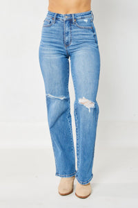 Judy Blue High Rise Control Top Distressed Straight Jeans