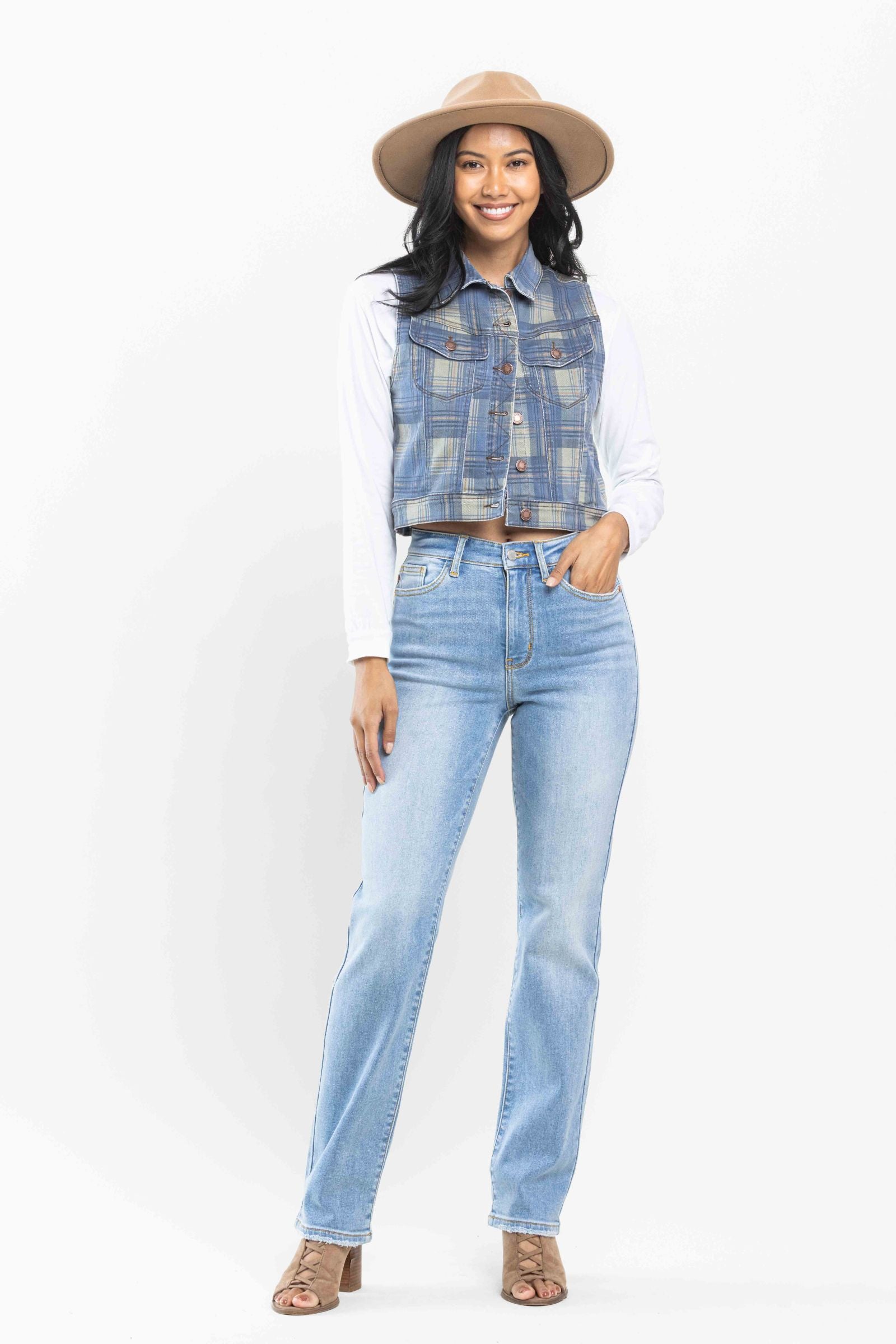 Judy Blue High Rise Light Wash Thermal Denim Straight Jeans