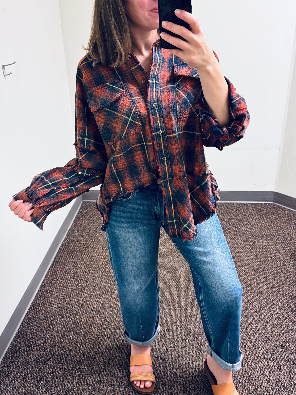 Easel Plaid Washed Cotton Button Down Shirt - Navy