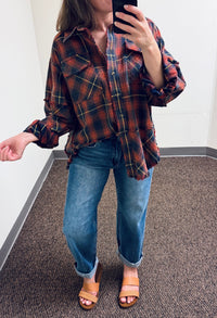 Easel Plaid Washed Cotton Button Down Shirt - Navy