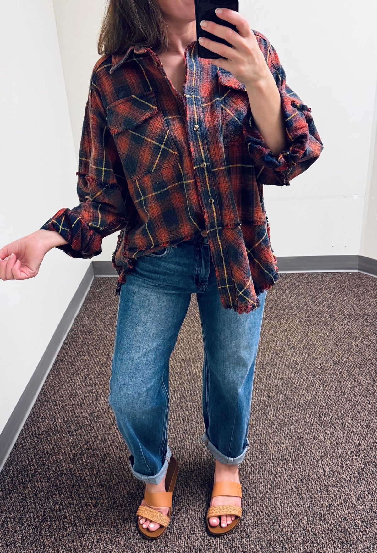 Easel Plaid Washed Cotton Button Down Shirt - Navy