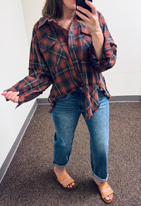 Easel Plaid Washed Cotton Button Down Shirt - Navy