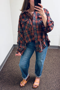 Easel Plaid Washed Cotton Button Down Shirt - Navy