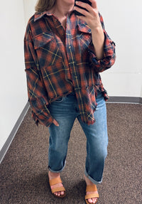 Easel Plaid Washed Cotton Button Down Shirt - Navy