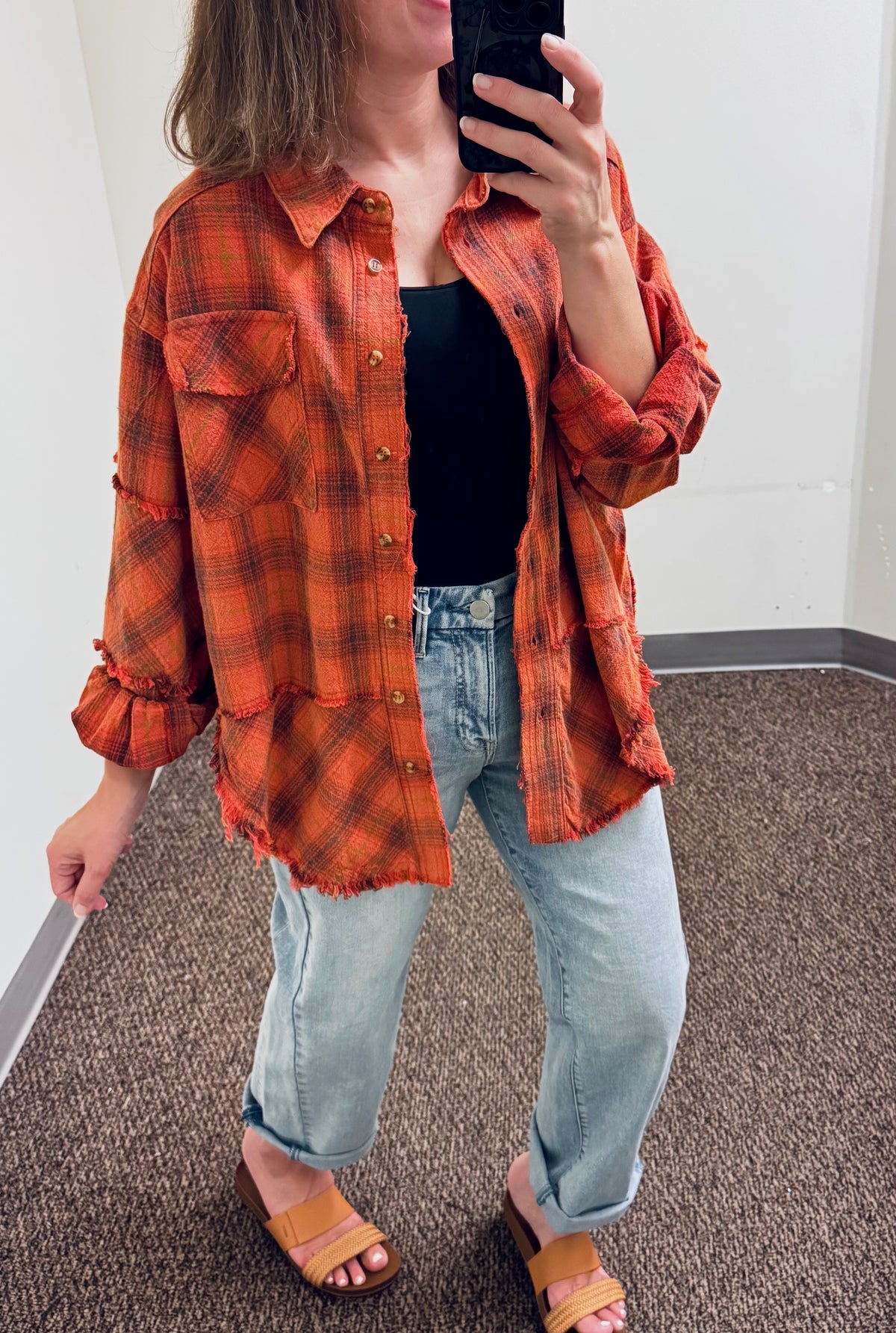 Easel Plaid Washed Cotton Button Down Shirt - Orange Red