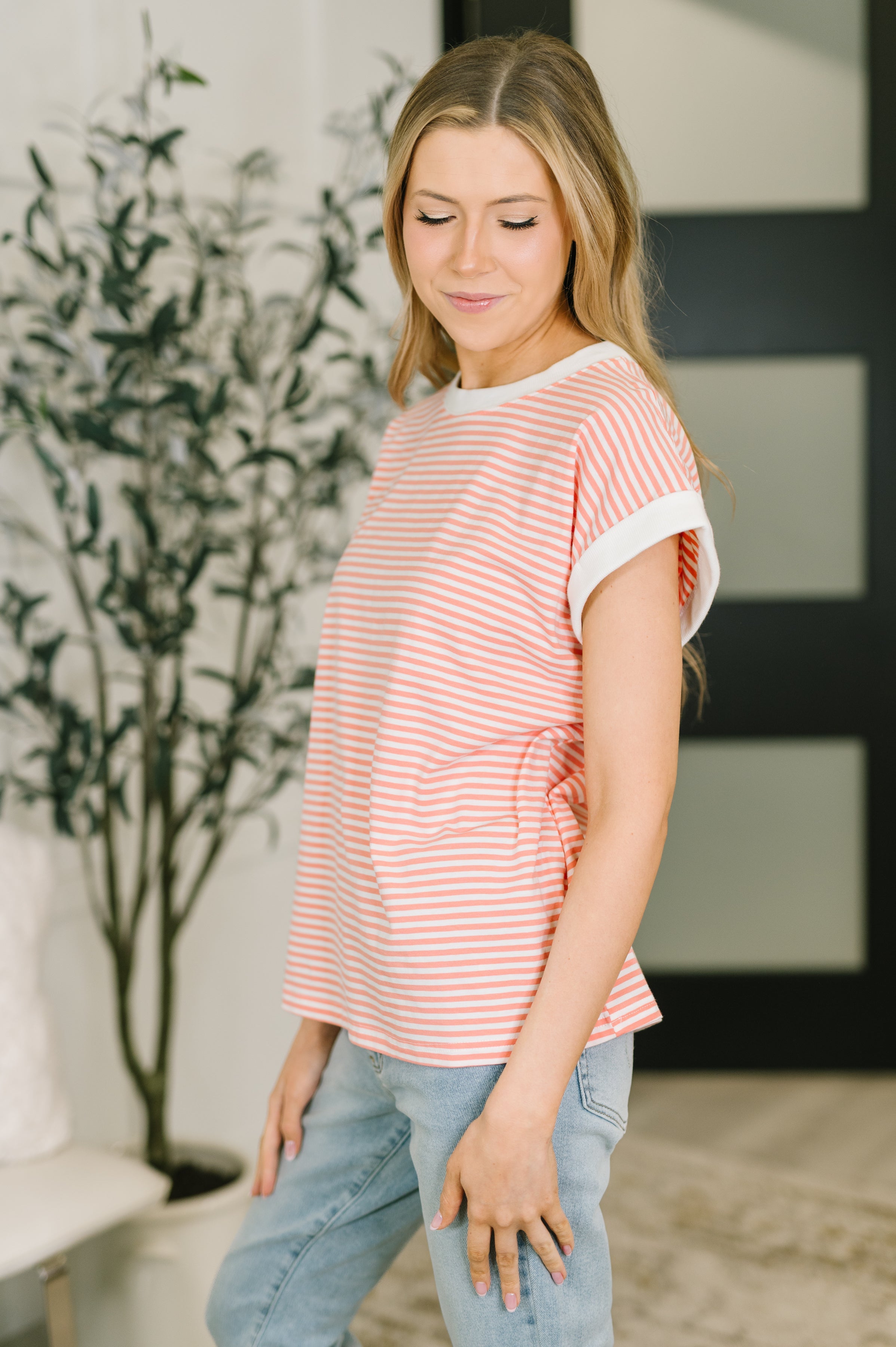 Zenana Striped Contrast Trim Short Sleeve Top in Coral