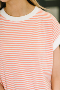 Zenana Striped Contrast Trim Short Sleeve Top in Coral