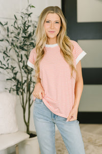 Zenana Striped Contrast Trim Short Sleeve Top in Coral