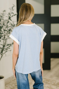 Zenana Striped Contrast Trim Short Sleeve Top in Cornflower Blue