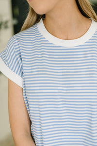 Zenana Striped Contrast Trim Short Sleeve Top in Cornflower Blue