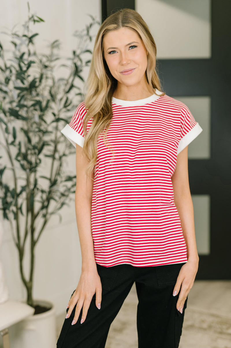 Zenana Striped Contrast Trim Short Sleeve Top in Ruby