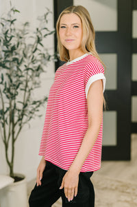 Zenana Striped Contrast Trim Short Sleeve Top in Ruby