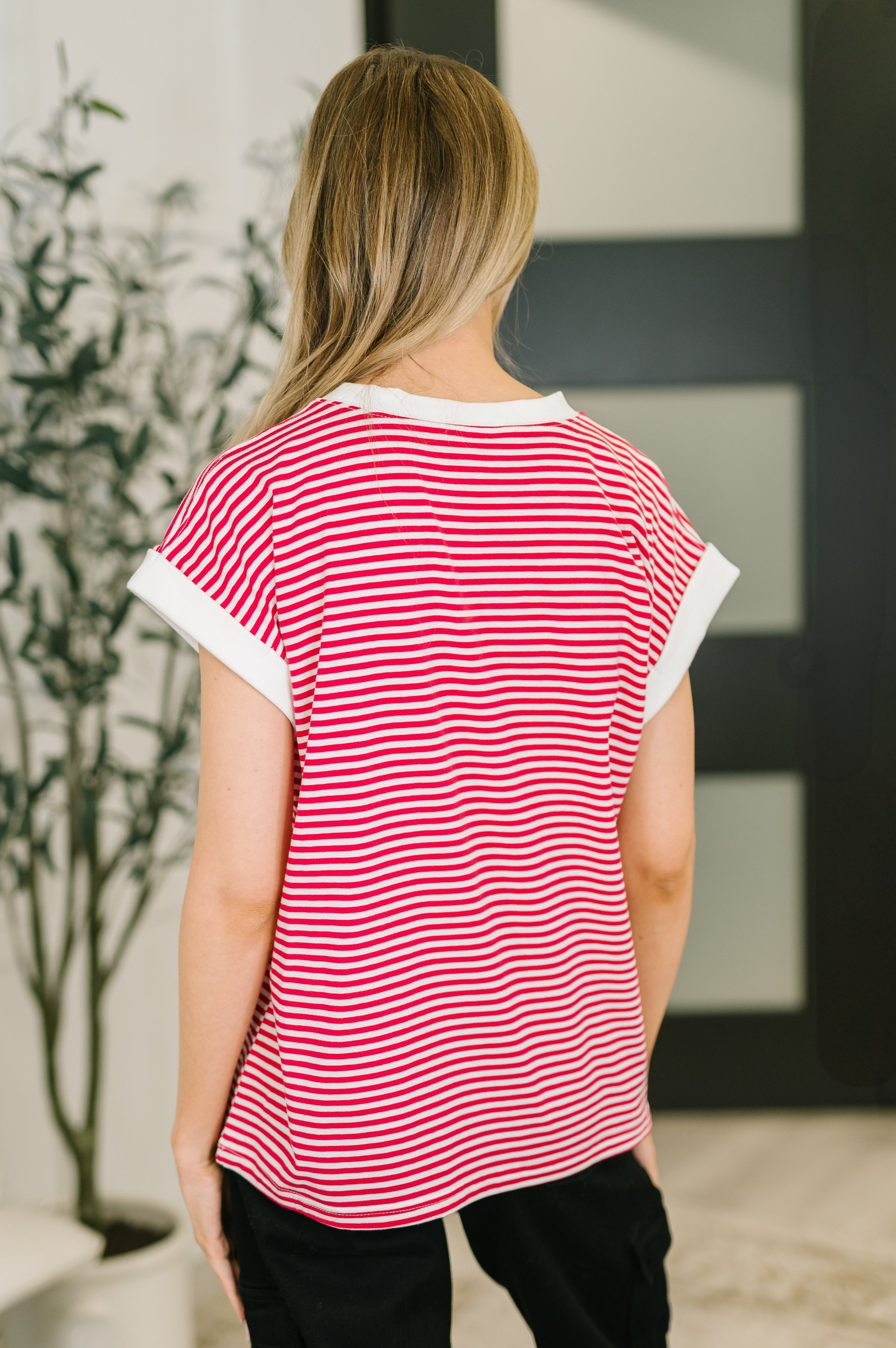 Zenana Striped Contrast Trim Short Sleeve Top in Ruby