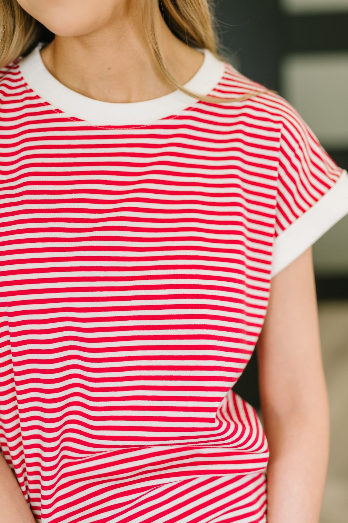 Zenana Striped Contrast Trim Short Sleeve Top in Ruby