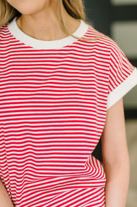 Zenana Striped Contrast Trim Short Sleeve Top in Ruby