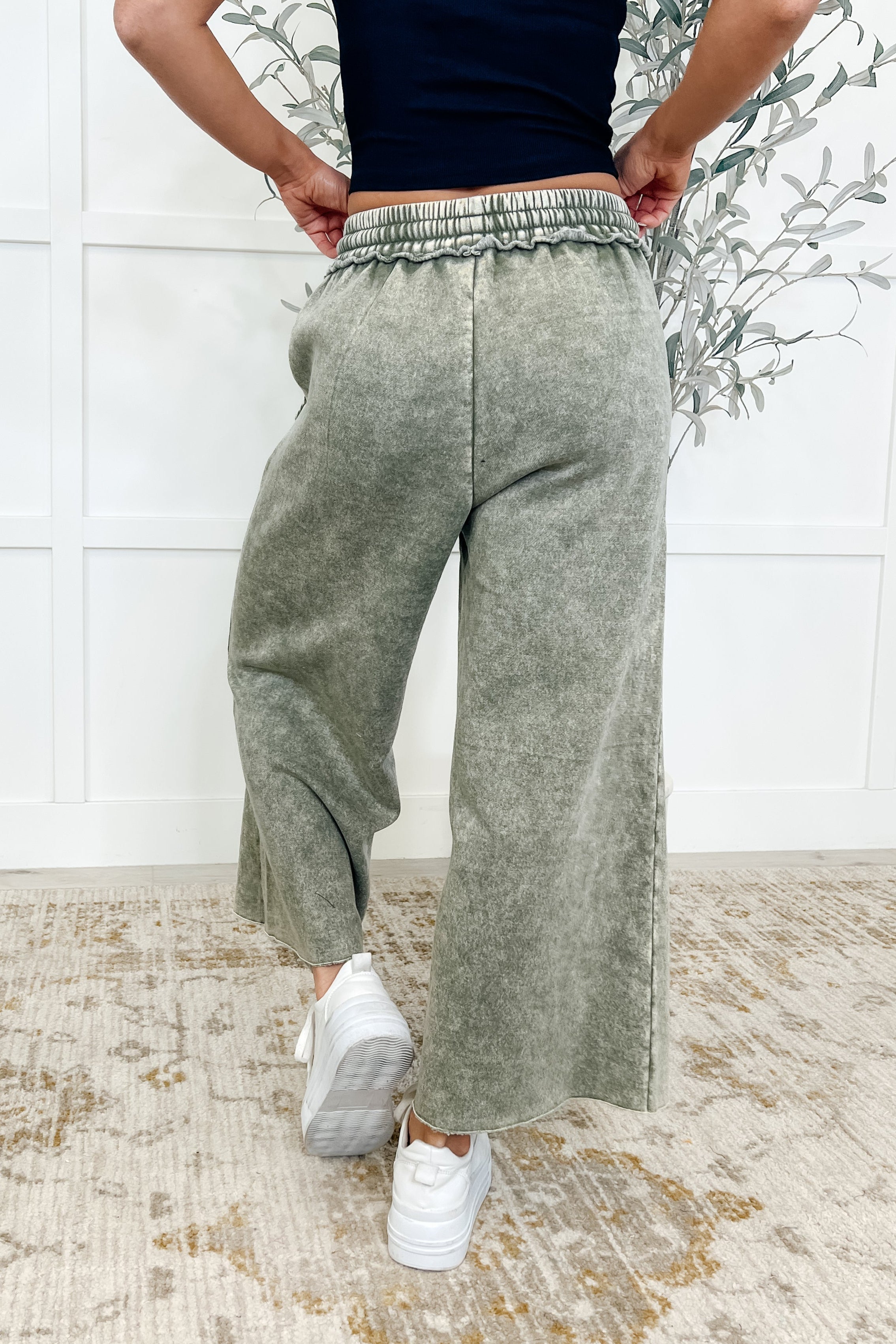 Acid Wash Fleece Wide Leg Palazzo Sweatpants in Light Olive