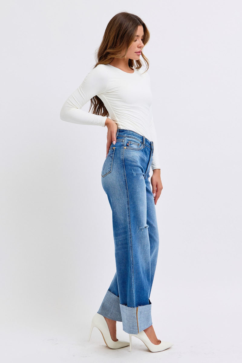 Judy Blue stretch denim wide leg cuffed jeans. Featuring comfort stretch denim with a high rise, distressing and a relaxed fit. 