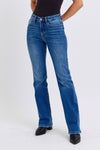 Judy Blue Mid-Rise Thermal Bootcut Jeans. These bootcut jeans feature Judy Blue stretch denim with a mid rise, medium wash, stitching on the back pockets, and no distressing.