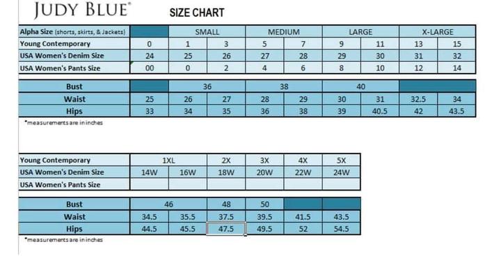 Judy Blue Size Chart