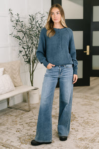 Henley Brushed Pullover Sweater in Dusty Blue