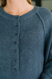 Henley Brushed Pullover Sweater in Dusty Blue