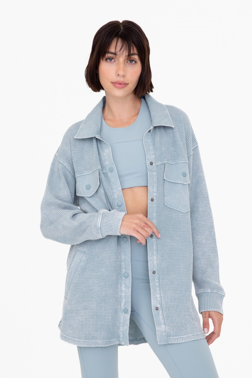 Waffle Knit Mineral Washed Button Down Shacket - Smoky Blue