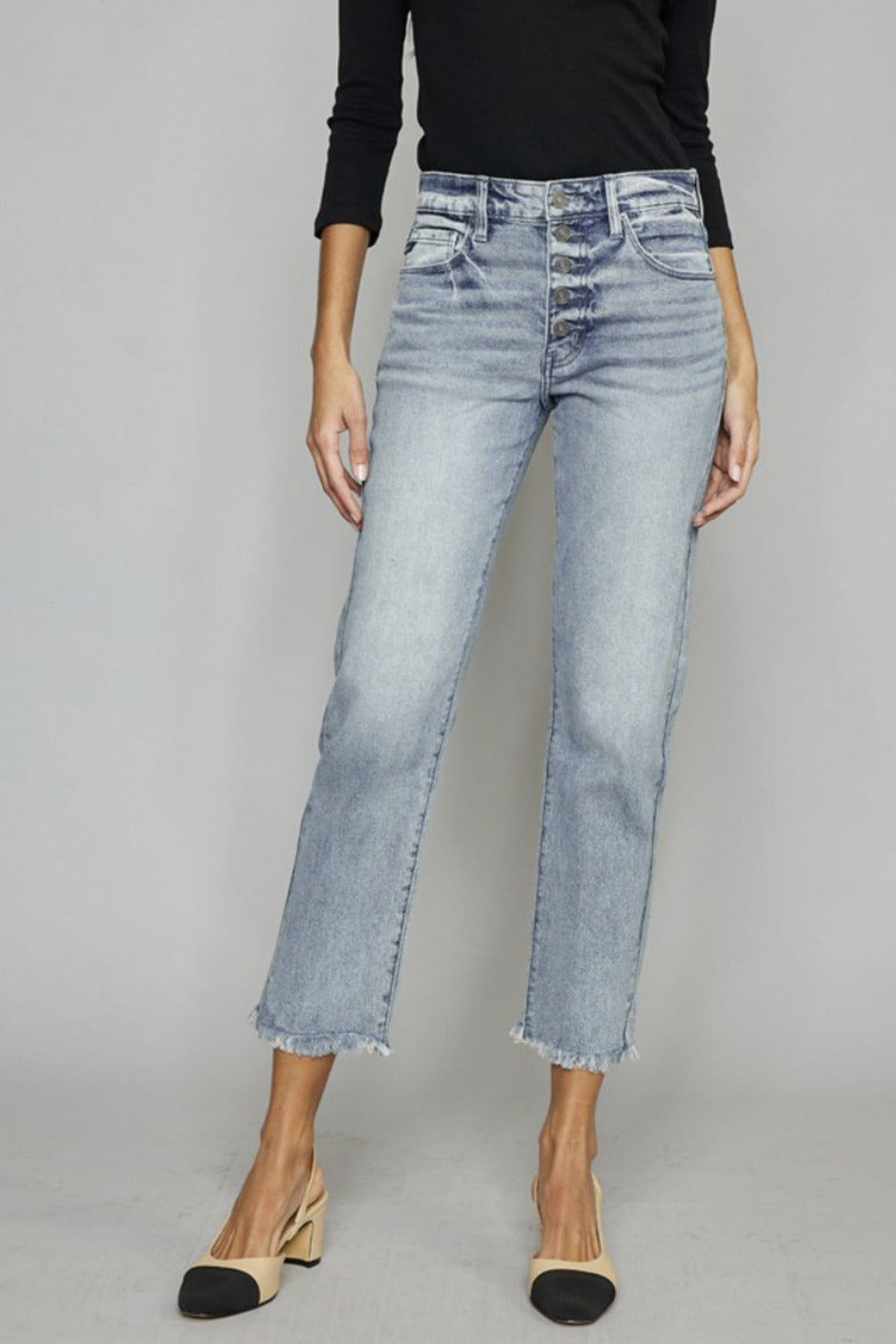 Kancan High Rise Button Fly Raw Hem Cropped Straight Jeans