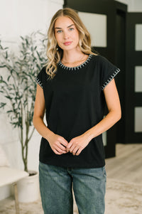 Zenana Stitch Trim Short Sleeve Top in Black