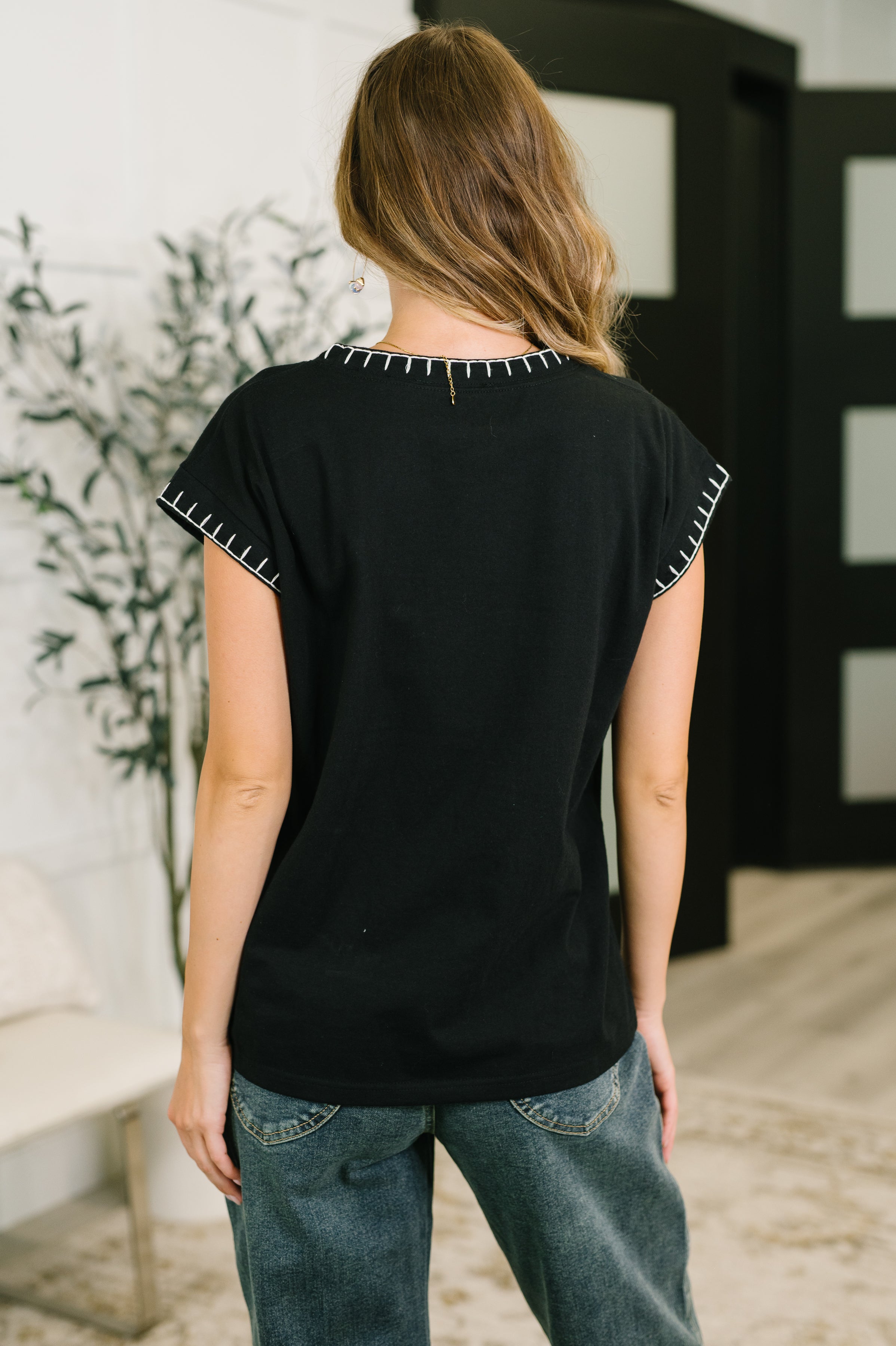 Zenana Stitch Trim Short Sleeve Top in Black
