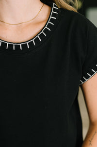 Zenana Stitch Trim Short Sleeve Top in Black