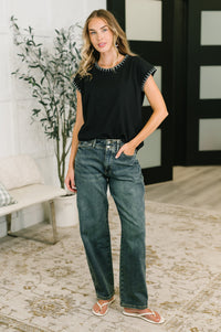 Zenana Stitch Trim Short Sleeve Top in Black