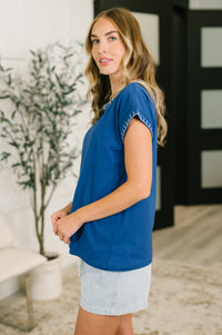 Zenana Stitch Trim Cotton Top in Blue
