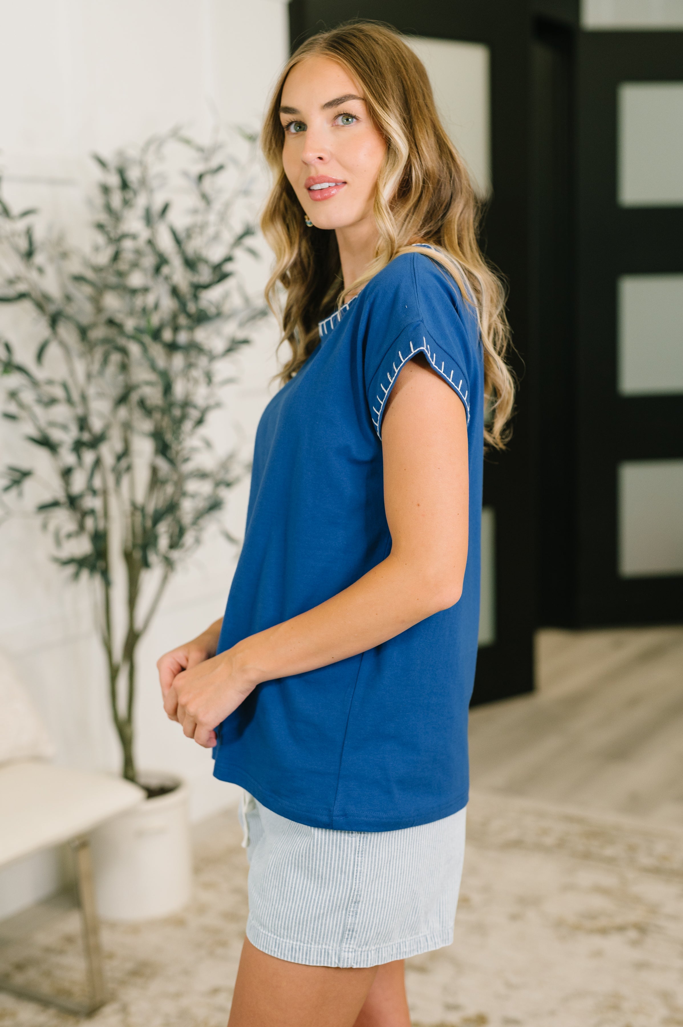 Zenana Stitch Trim Cotton Top in Blue