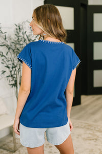 Zenana Stitch Trim Cotton Top in Blue